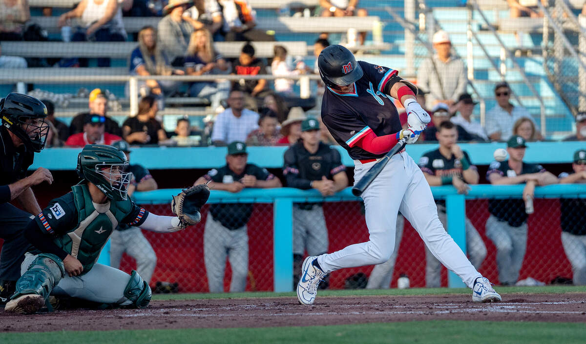 Modesto Roadsters player Kingston Liniak drives in two runs with a single during a game against the Oakland Ballers at Modern Woodmen Field in Modesto on Friday, July 3, 2026.